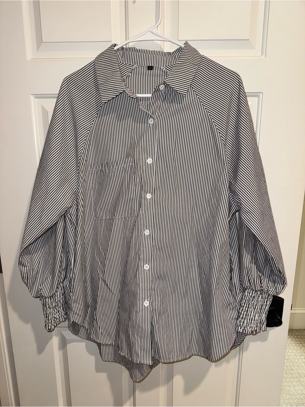 Striped Button-Up Blouse in Black & White Smocked Sleeves and Pockets large